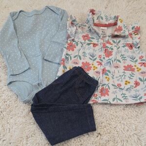 Floral Vest, Polka Dot Onesie, and Denim Pants Set